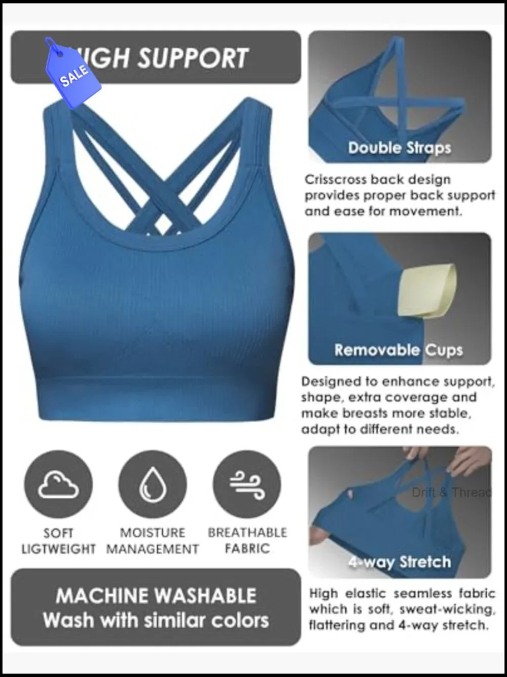 High Support Criss-Cross Back Padded Strappy Sports Bra for Large Bust